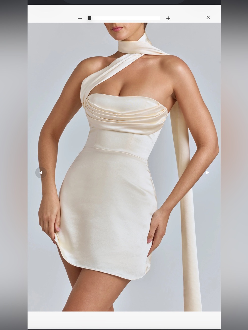 Oh Polly Cream Satin Mini Dress with Draped Neck Scarf - Picture 4 of 8